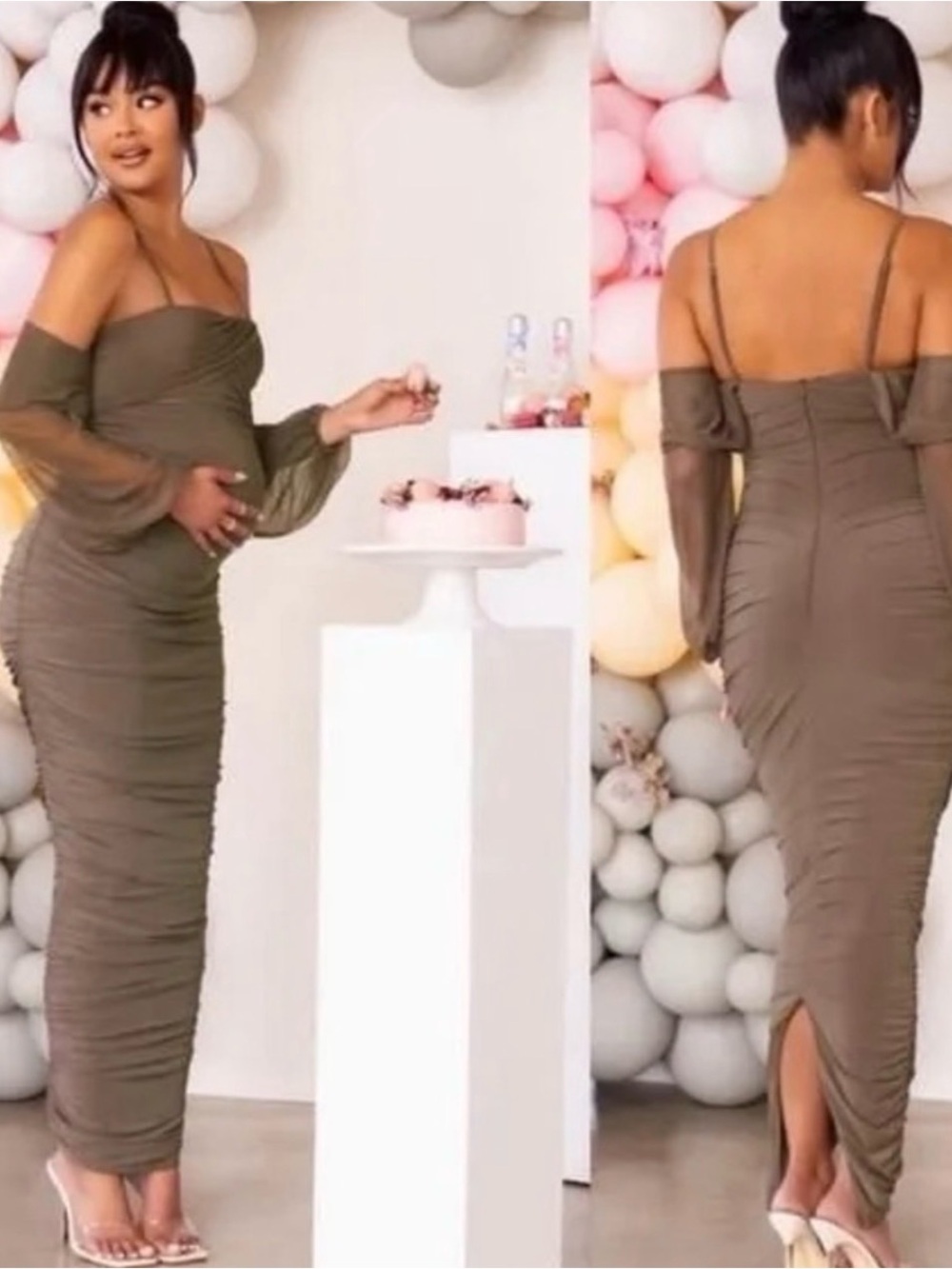 Brown Off-Shoulder Ruched Dress